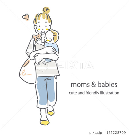 赤ちゃんと一緒にお出かけする若いお母さん　お洒落でかわいい線画イラスト 125228799