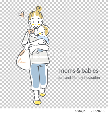 赤ちゃんと一緒にお出かけする若いお母さん　お洒落でかわいい線画イラスト 125228799