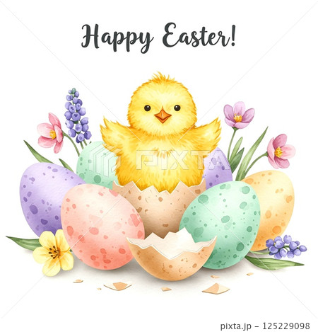 Easter chicken. Little yellow chick among flowers and Easter eggs. Spring holiday season celebration card 125229098