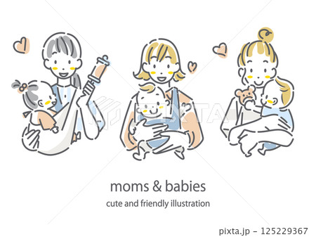 赤ちゃんを抱っこする若いお母さん　お洒落でかわいい手描き風線画イラスト 125229367