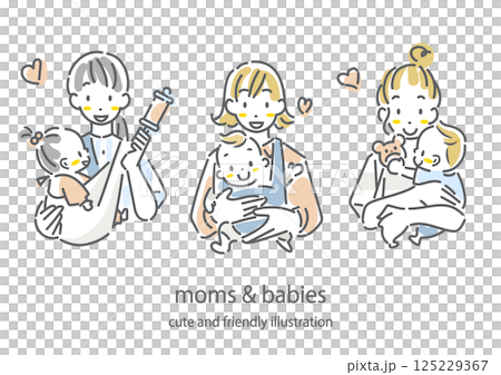 赤ちゃんを抱っこする若いお母さん　お洒落でかわいい手描き風線画イラスト 125229367