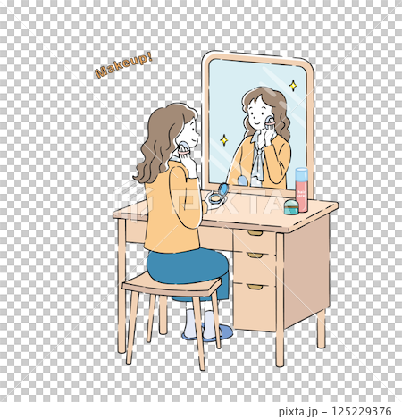 一位女士在鏡子前化妝的插圖 4C 一位女士在鏡子前化妝的插圖 4C 125229376
