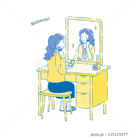 鏡の前でメイクする女性のイラスト 2C 鏡の前でメイクする女性のイラスト 2C 125229377