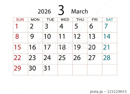 2026年カレンダー3月(2) 2026年カレンダー3月(2) 125229653