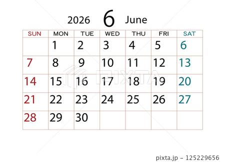 2026年カレンダー6月(2) 2026年カレンダー6月(2) 125229656