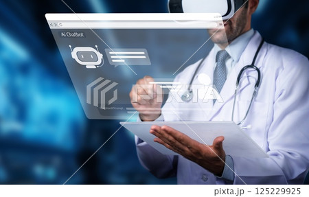 Medical Professional Engaging with Virtual Reality Technology in Healthcare Setting, Innovative AI Chatbot Interaction to Enhance Patient Experience. PHMT Medical Professional Engaging with Virtual Reality Technology in Healthcare Setting, Innovative AI Chatbot Interaction to Enhance Patient Experience. PHMT 125229925