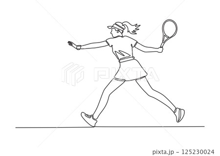 Single continuous line drawing professional female tennis player having a good game at an outdoor court. Perfect fit body, racket skills and focused. One line draw graphic design vector illustration 125230024