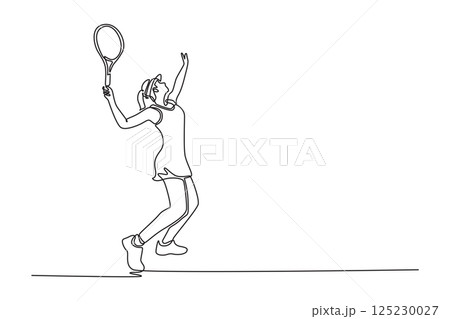 Single continuous line drawing back view of beautiful woman tennis player serves tennis ball on court with precision and power. Healthy sport activity. One line draw graphic design vector illustration Single continuous line drawing back view of beautiful woman tennis player serves tennis ball on court with precision and power. Healthy sport activity. One line draw graphic design vector illustration 125230027
