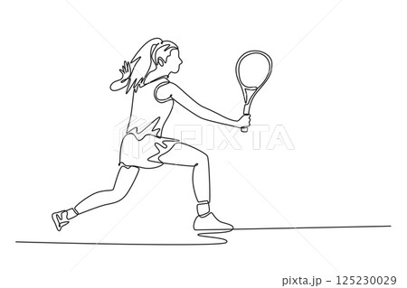 Single continuous line drawing woman tennis player practice backhand on outdoor field. Workout, exercise or match, game and competition. Healthy sport. One line draw graphic design vector illustration 125230029