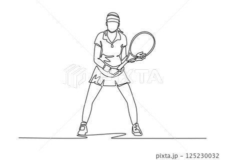 Single one line drawing tennis player woman, ready for game, training, exercise in development or focus. Sport expert, girl athlete with racket. Continuous line draw design graphic vector illustration Single one line drawing tennis player woman, ready for game, training, exercise in development or focus. Sport expert, girl athlete with racket. Continuous line draw design graphic vector illustration 125230032