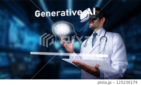 Medical professional using virtual reality technology to explore generative AI concepts in a futuristic healthcare environment with digital elements. PHMT Medical professional using virtual reality technology to explore generative AI concepts in a futuristic healthcare environment with digital elements. PHMT 125230174