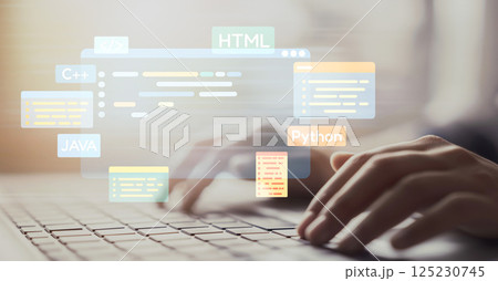 Software developer work with coding overlays of programming languages EIDE Software developer work with coding overlays of programming languages EIDE 125230745