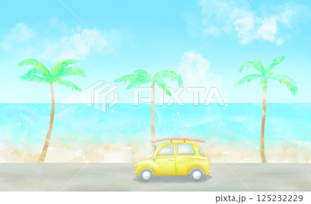 ヤシの木が並ぶ南国の海辺をドライブする黄色い車。青い海と空がまぶしい夏の爽やかなイラスト。 125232229
