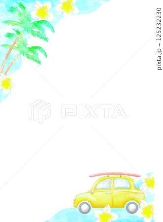 サーフボードを乗せた車とヤシの木と波のトロピカルフレーム。真夏のレジャーをイメージした水彩イラスト。 サーフボードを乗せた車とヤシの木と波のトロピカルフレーム。真夏のレジャーをイメージした水彩イラスト。 125232230