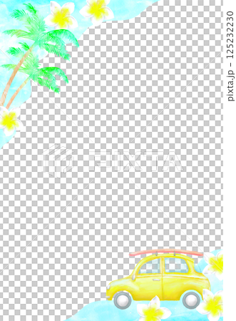 サーフボードを乗せた車とヤシの木と波のトロピカルフレーム。真夏のレジャーをイメージした水彩イラスト。 サーフボードを乗せた車とヤシの木と波のトロピカルフレーム。真夏のレジャーをイメージした水彩イラスト。 125232230