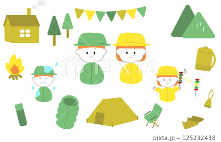 キャンプをする男女のイラスト素材セット キャンプをする男女のイラスト素材セット 125232438