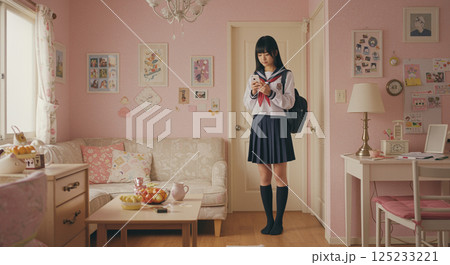 薄いピンクを基調とした自分の部屋で、スマホを操作する女子高生 125233221