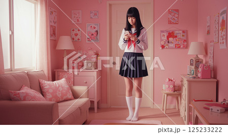 ピンクを基調とした自分の部屋で、スマホを操作する女子高生 125233222
