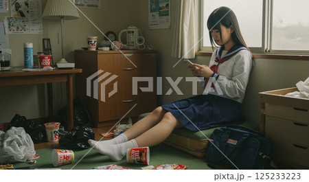 自宅のゴミが散乱した部屋で、スマホを操作する女子高生 125233223