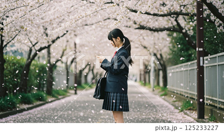 桜並木の下で、スマホを操作する女子高生 桜並木の下で、スマホを操作する女子高生 125233227