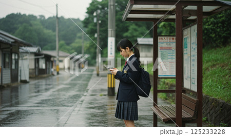 雨が降ったバス停で、スマホを操作する女子高生 雨が降ったバス停で、スマホを操作する女子高生 125233228