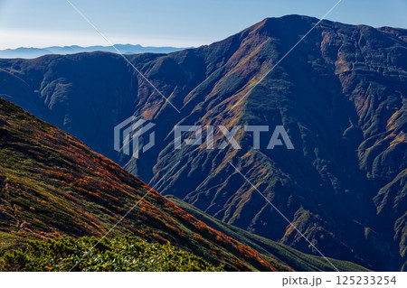 飯豊連峰・梅花皮岳稜線から見る大日岳と那須連峰 125233254