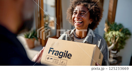 cheerful woman receiving fragile package from courier outdoors 125233669