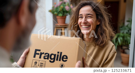 smiling woman receiving package marked Fragile at her front door, exuding warmth 125233671