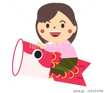 こどもの日の鯉のぼりと女の子。ベクターイラスト	 125233794