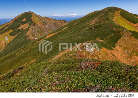 飯豊連峰・主稜線縦走路から見る梅花皮岳と北股岳 125233804