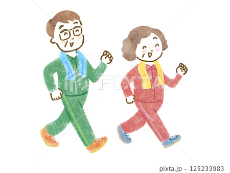 笑顔でウォーキングしているシニアカップルの手描きイラスト 125233983