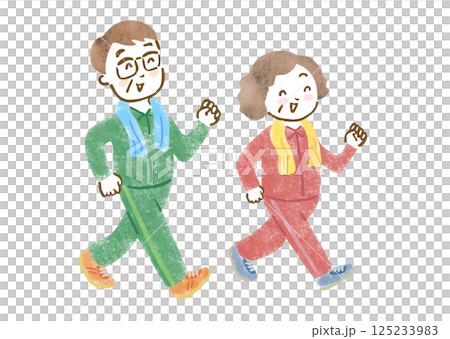 笑顔でウォーキングしているシニアカップルの手描きイラスト 125233983