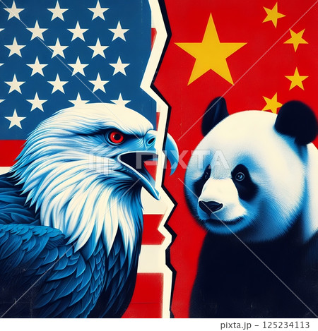 Bald Eagle vs Panda on Torn National Flags Representing Geopolitical Rivalry for Symbolic US China Conflict with Generative AI. Bald Eagle vs Panda on Torn National Flags Representing Geopolitical Rivalry for Symbolic US China Conflict with Generative AI. 125234113