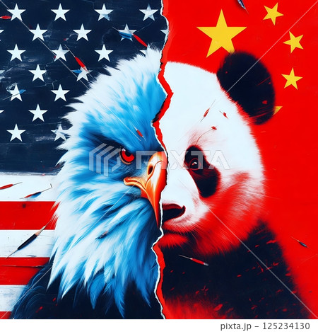 Bald Eagle vs Panda on Torn National Flags Representing Geopolitical Rivalry for Symbolic US China Conflict with Generative AI. 125234130