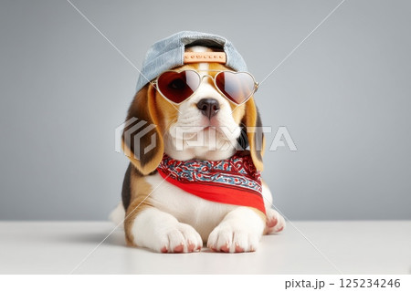 Adorable Chubby Beagle Puppy Wearing Colorful Bandana and Stylish Sunglasses 125234246