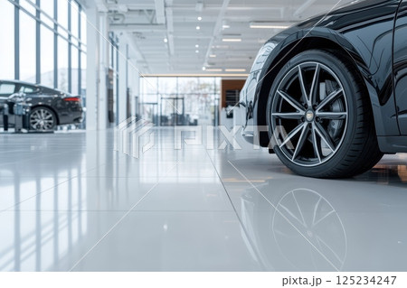 Sleek Car in Modern Showroom with Cityscape View 125234247