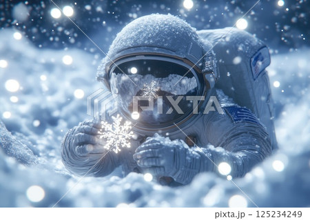 Astronaut Playing with Snowflakes in a Snowy Landscape 125234249