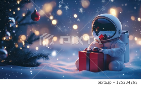 Cute Astronaut with Christmas Gift in Snowy Setting 125234265