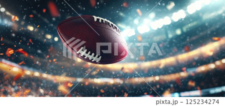 A football soaring through the air toward the net with stadium lights shining brightly 125234274