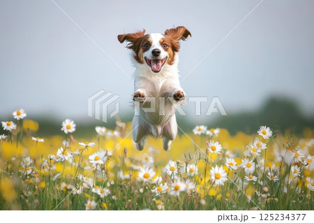 Happy Dog Jumping Through Field of Flowers with Joyful Expression and Playful Energy Happy Dog Jumping Through Field of Flowers with Joyful Expression and Playful Energy 125234377