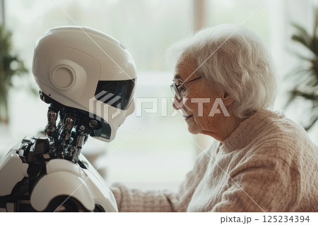 Elderly Woman Interacting with AI Robot Assistant 125234394