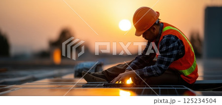 Engineer Inspecting Solar Panel Array During Sunset with Lens Flare 125234504