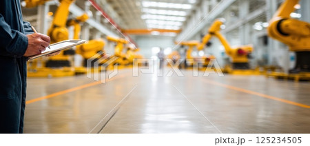 Robotic Arms in Manufacturing Plant with Worker Holding Clipboard in Modern Factory Robotic Arms in Manufacturing Plant with Worker Holding Clipboard in Modern Factory 125234505