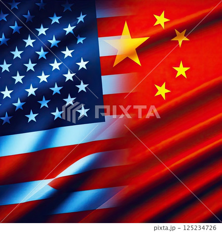 US and China Flags Side by Side in Symbolizing Geopolitical Tensions and Trade Relations with Generative AI. 125234726
