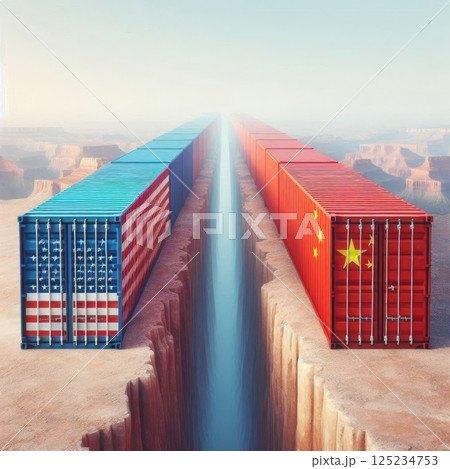 US and China Trade War Concept in Shipping Containers on Opposing Cliffs Representing Economic with Generative AI. 125234753