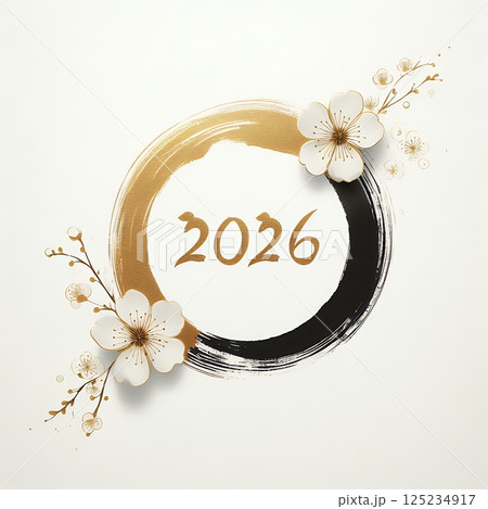 2026 Zen Ink Circle with Gold floral Blossom with Generative AI. 125234917