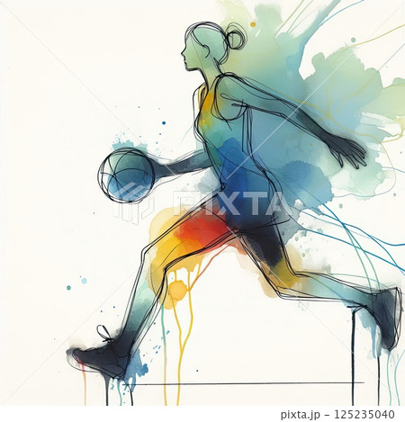 Dynamic Basketball Player Silhouette with Abstract Colorful Splash Art with Generative AI. 125235040