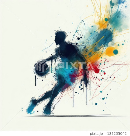 Dynamic Basketball Player Silhouette with Abstract Colorful Splash Art with Generative AI. 125235042