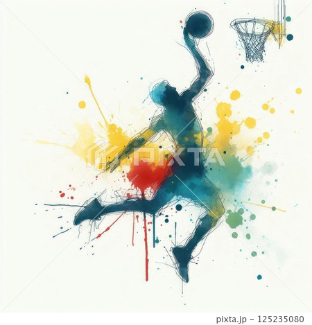 Dynamic Basketball Player Silhouette with Abstract Colorful Splash Art with Generative AI. 125235080