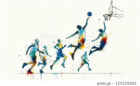 Dynamic Basketball Player Silhouette with Abstract Colorful Splash Art with Generative AI. Dynamic Basketball Player Silhouette with Abstract Colorful Splash Art with Generative AI. 125235083